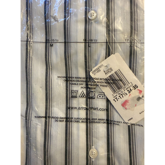 Arrow Men's Dress Shirt XL (17-17.5 34/35) Wrinkle Free Striped White Grey Long - Picture 5 of 6
